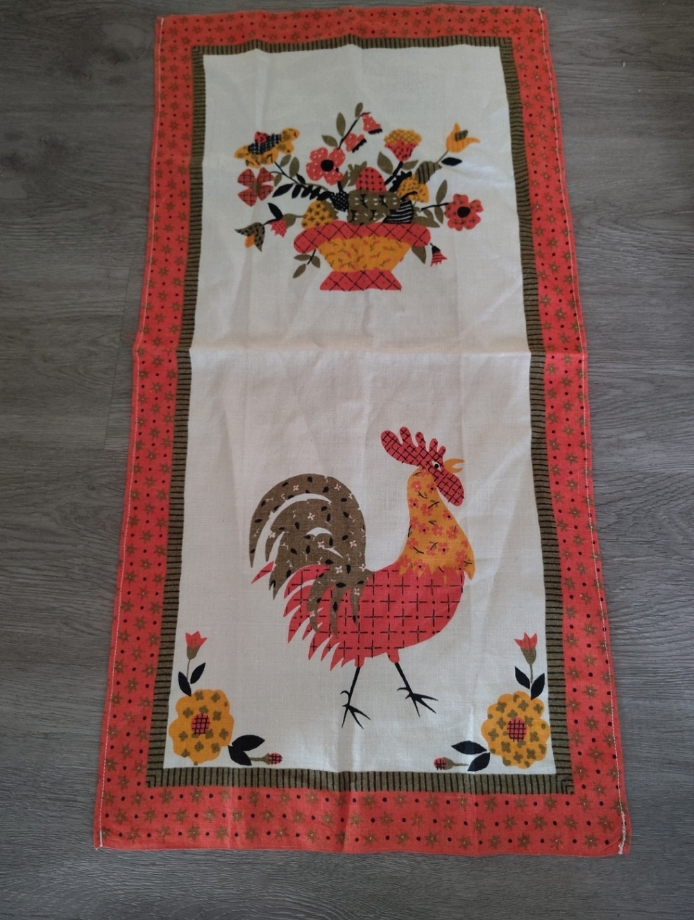 Vintage Linen Tea Towel Americana Rooster Farmhouse MCM Retro Kitchen Orange